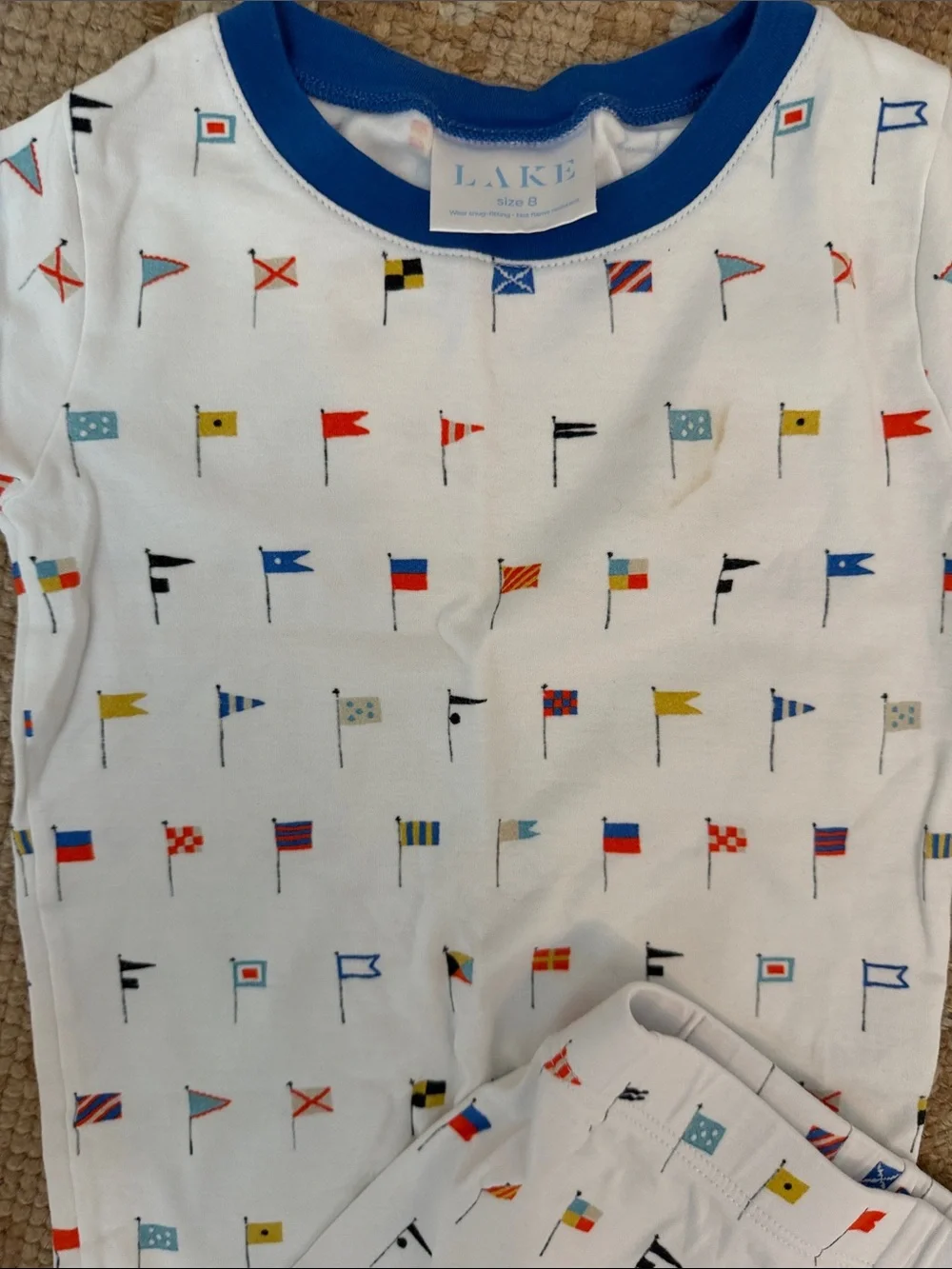 Unbranded White Kids Pajama Set with Colorful Flag Print and Blue Trim LAKE